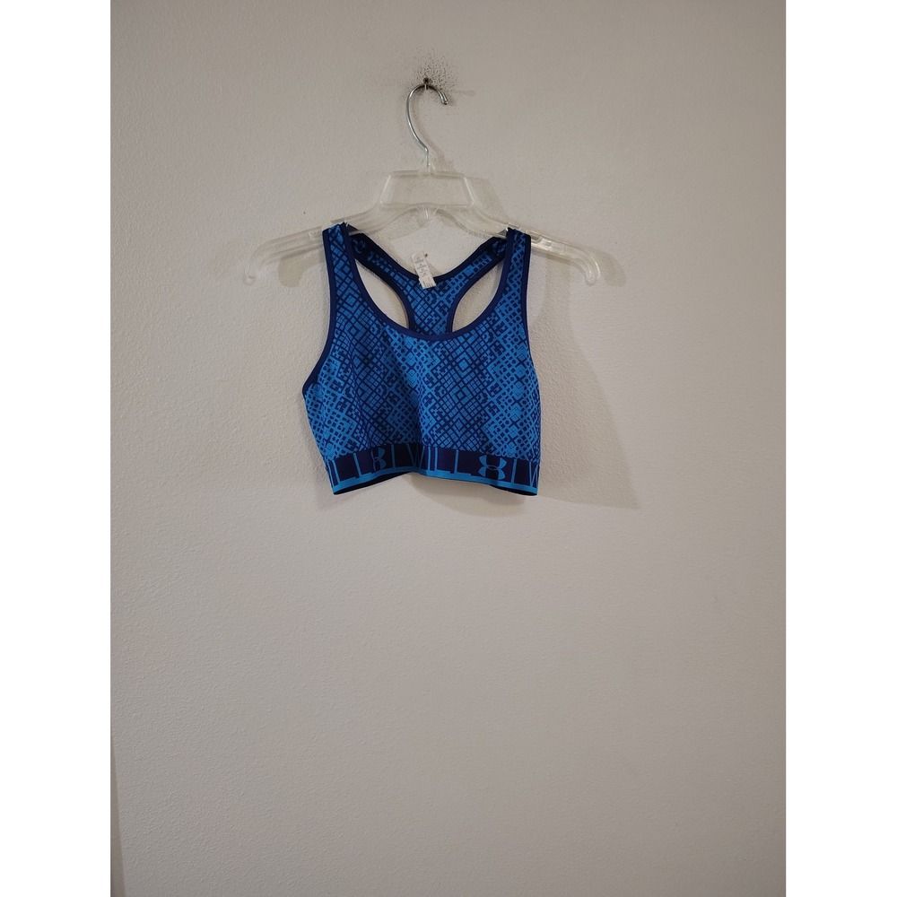 Under Armour HeatGear Compression Sports Bra Blue Geometric Diamond Print Large